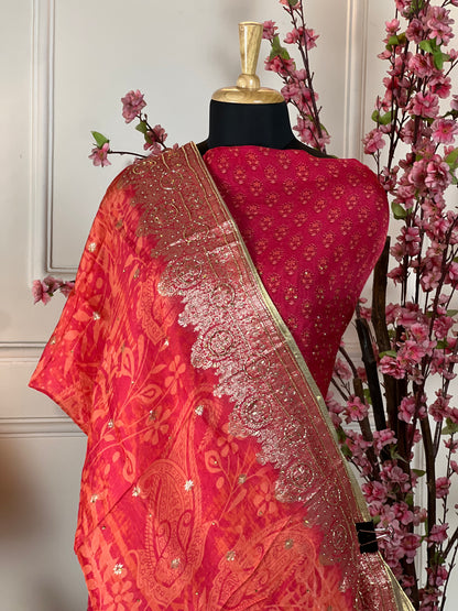 Top Pure organja silk with handwork border nalki sequins and moti work Bottom Plain pure opada Dupatta Pure organja Banarasi printed weaving with sequin and nalki handwork