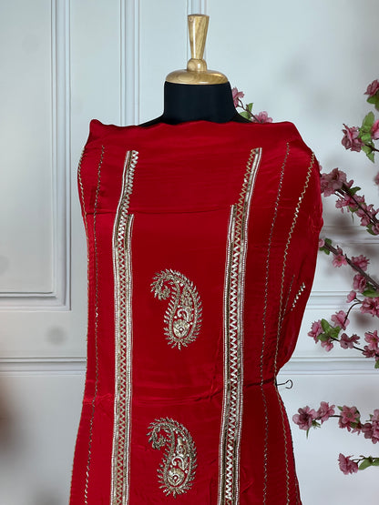 Top Pure crape with nalki dabka sequins and pearl handwork Bottom Pure soft opada silk Dupatta Pure chinon heavy handwork lace