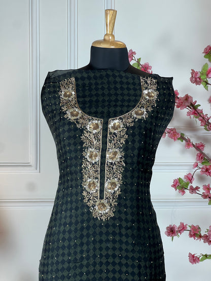 Top Pure organja printed with dabka and sequins handwork Bottom Pure soft upada Dupatta Pure organja with Banarasi borders