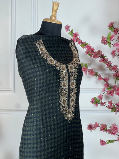 Top Pure organja printed with dabka and sequins handwork Bottom Pure soft upada Dupatta Pure organja with Banarasi borders
