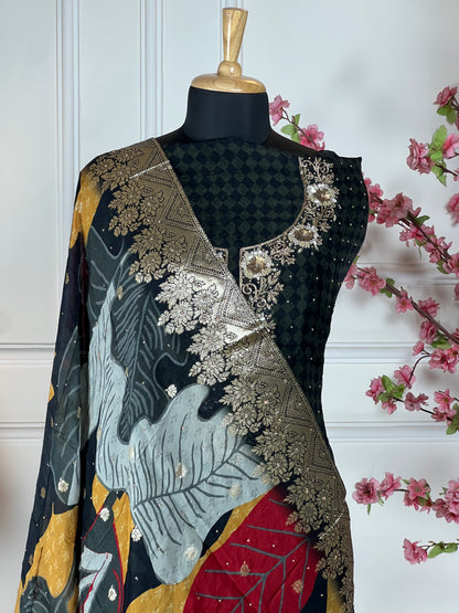 Top Pure organja printed with dabka and sequins handwork Bottom Pure soft upada Dupatta Pure organja with Banarasi borders