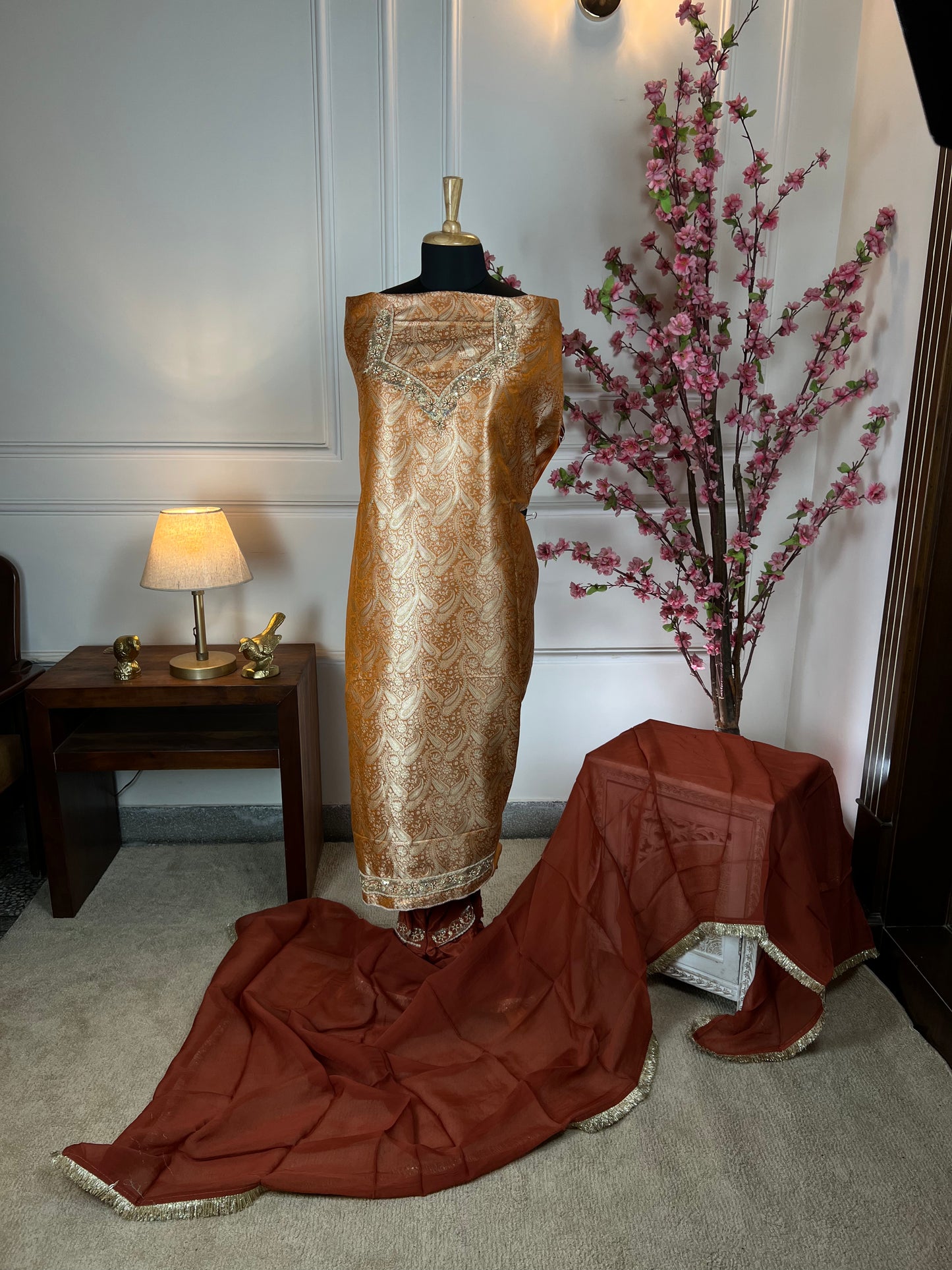 Top Pure Banarasi brocket with dabka sequins pearl and thread work on neck and sleeves Bottom Crape plain Dupatta Pure organja with fancy lace