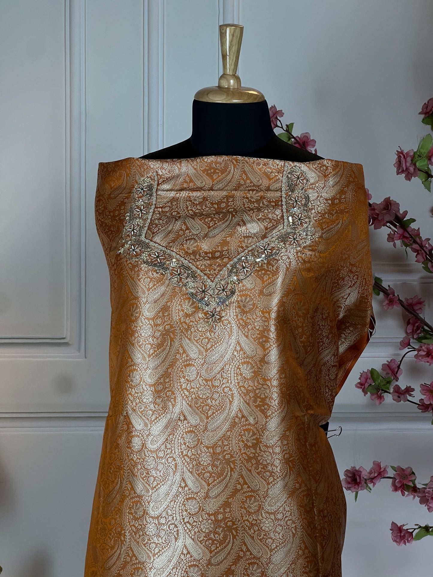 Top Pure Banarasi brocket with dabka sequins pearl and thread work on neck and sleeves Bottom Crape plain Dupatta Pure organja with fancy lace