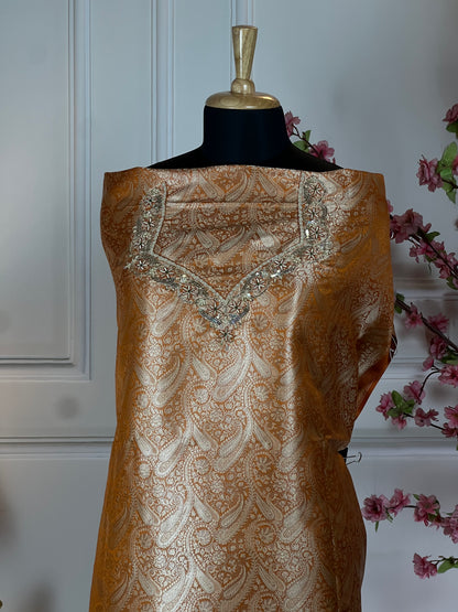 Top Pure Banarasi brocket with dabka sequins pearl and thread work on neck and sleeves Bottom Crape plain Dupatta Pure organja with fancy lace