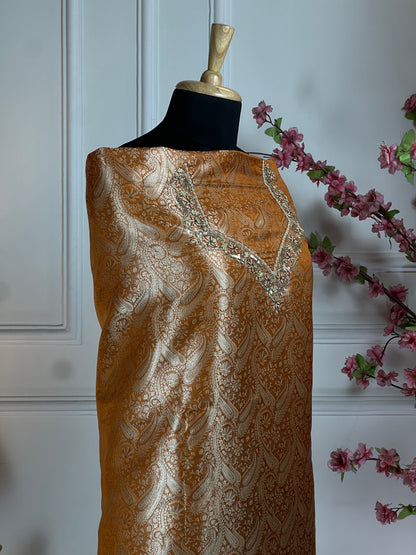 Top Pure Banarasi brocket with dabka sequins pearl and thread work on neck and sleeves Bottom Crape plain Dupatta Pure organja with fancy lace