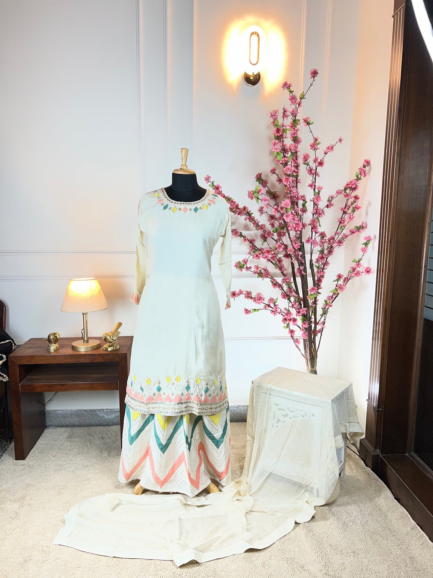 Top Pure muslin semistitched with gota hand work Bottom Skirt stitched free size Dupatta or stole Pure chinon chiffon with sequin work
