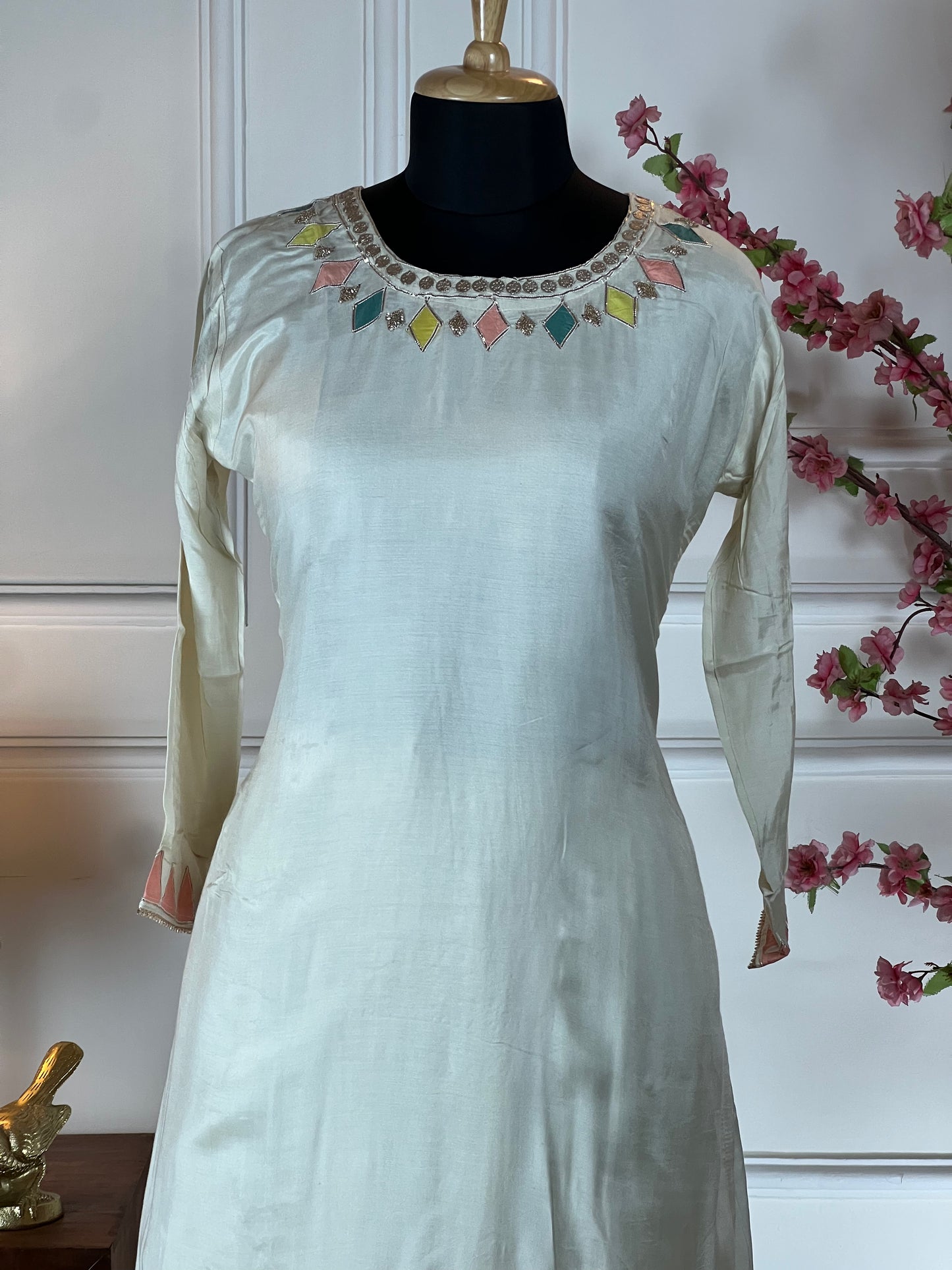 Top Pure muslin semistitched with gota hand work Bottom Skirt stitched free size Dupatta or stole Pure chinon chiffon with sequin work