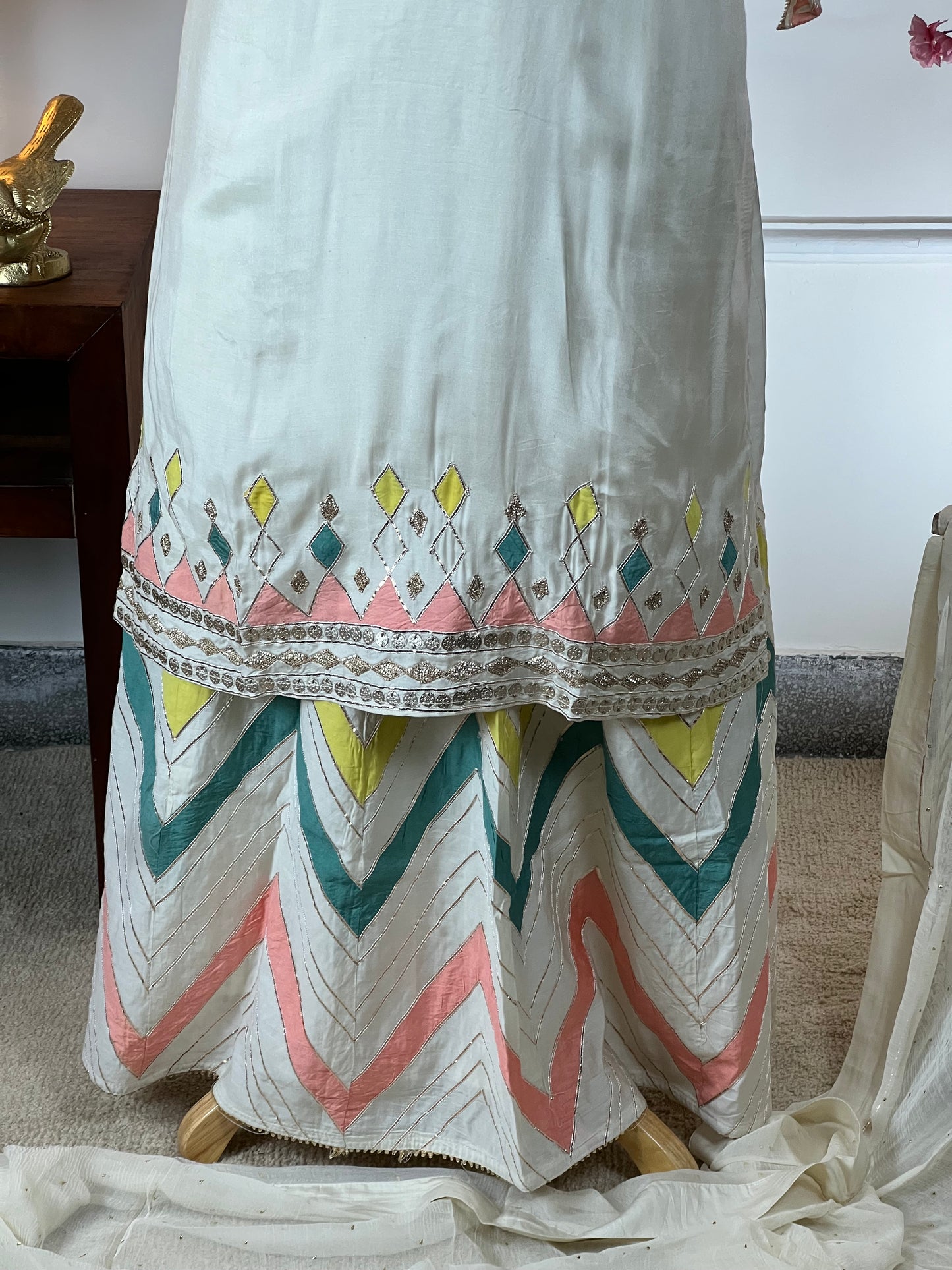 Top Pure muslin semistitched with gota hand work Bottom Skirt stitched free size Dupatta or stole Pure chinon chiffon with sequin work