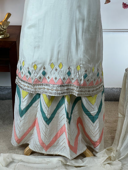 Top Pure muslin semistitched with gota hand work Bottom Skirt stitched free size Dupatta or stole Pure chinon chiffon with sequin work