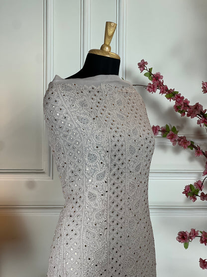 Top Pure jorgette handwork and mukaish work on front and handwork on back buti and baju border Bottom Plain crape pant piece Dupatta Pure jorgette handwork and mukaish work