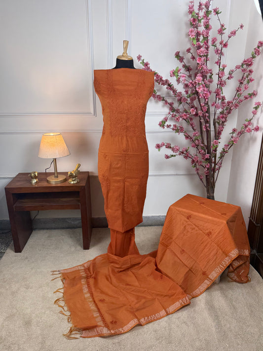 Top Pure mul fabric with same colour thread handwork Bottom Pure crape 225 m approx Dupatta Pure mul with same colour thread handwork and golden border