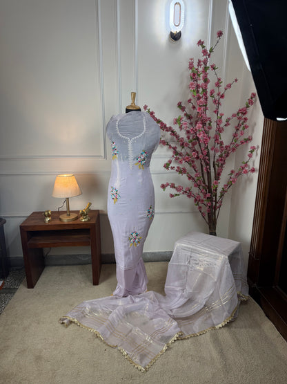 Top Pure shimmer organja with multi colour sequin pearls thread handwork booti on front and heavy same work on sleeves Bottom Pure soft opada silk Dupatta Pure shimmer organja with gota and heavy lace
