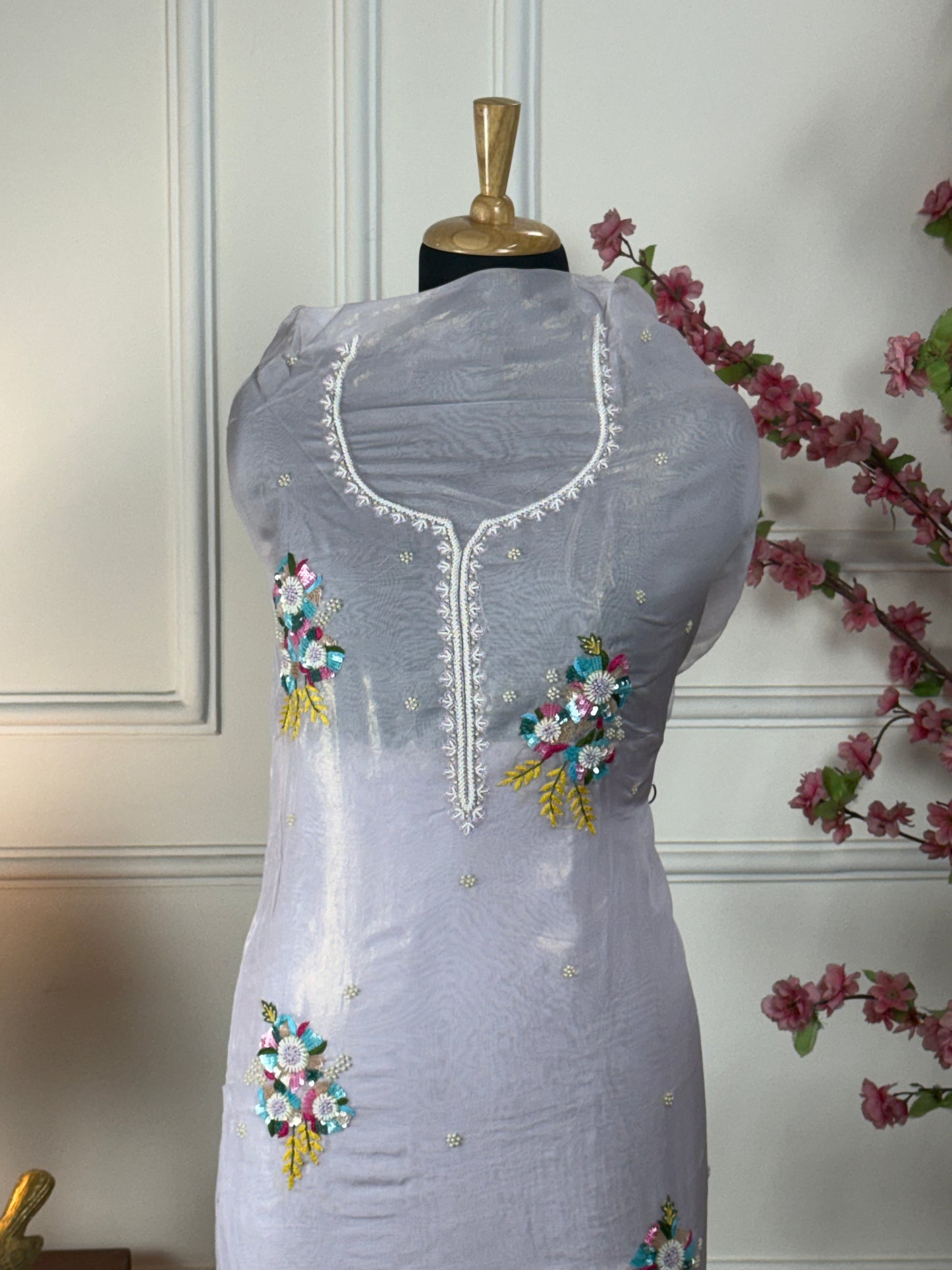 Top Pure shimmer organja with multi colour sequin pearls thread handwork booti on front and heavy same work on sleeves Bottom Pure soft opada silk Dupatta Pure shimmer organja with gota and heavy lace
