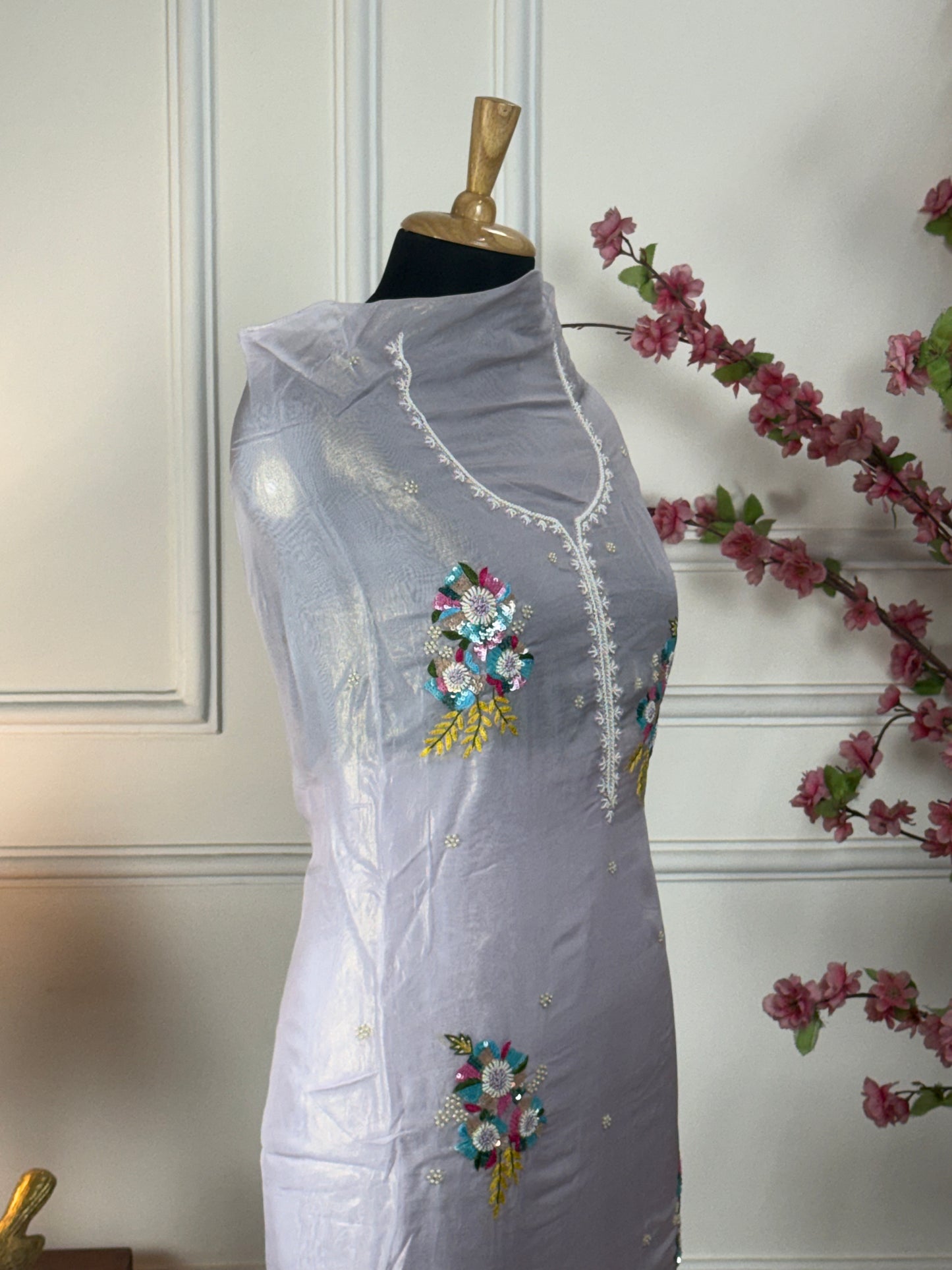 Top Pure shimmer organja with multi colour sequin pearls thread handwork booti on front and heavy same work on sleeves Bottom Pure soft opada silk Dupatta Pure shimmer organja with gota and heavy lace