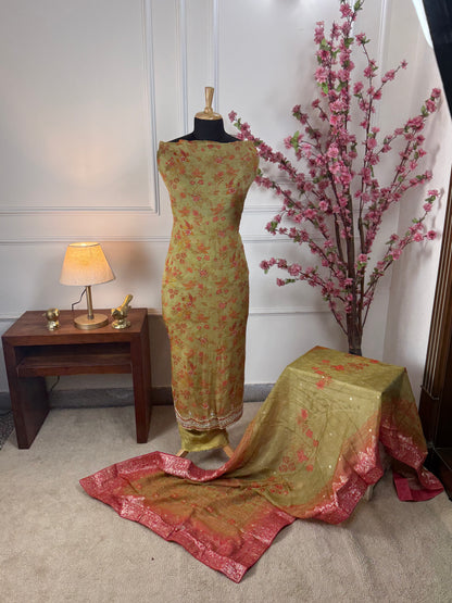 Top Pure soft organja silk with nalki sequins pearls sippi handwork on border and belt Bottom Pure soft opada silk Dupatta Pure soft organja silk with Banarasi border
