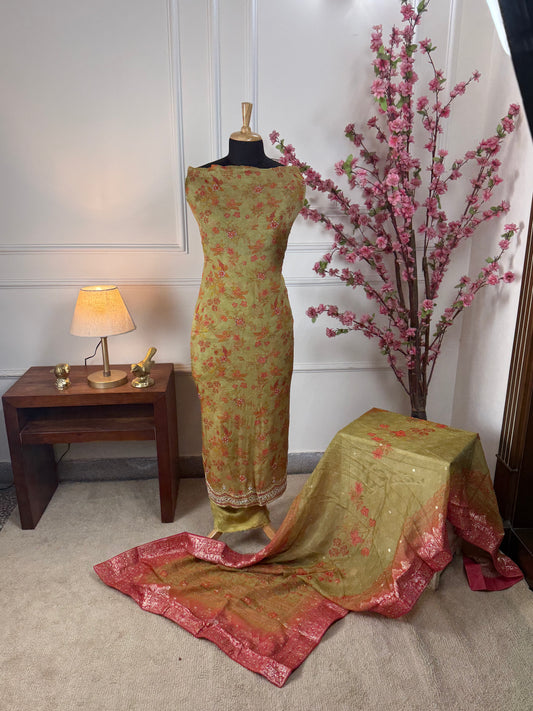 Top Pure soft organja silk with nalki sequins pearls sippi handwork on border and belt Bottom Pure soft opada silk Dupatta Pure soft organja silk with Banarasi border