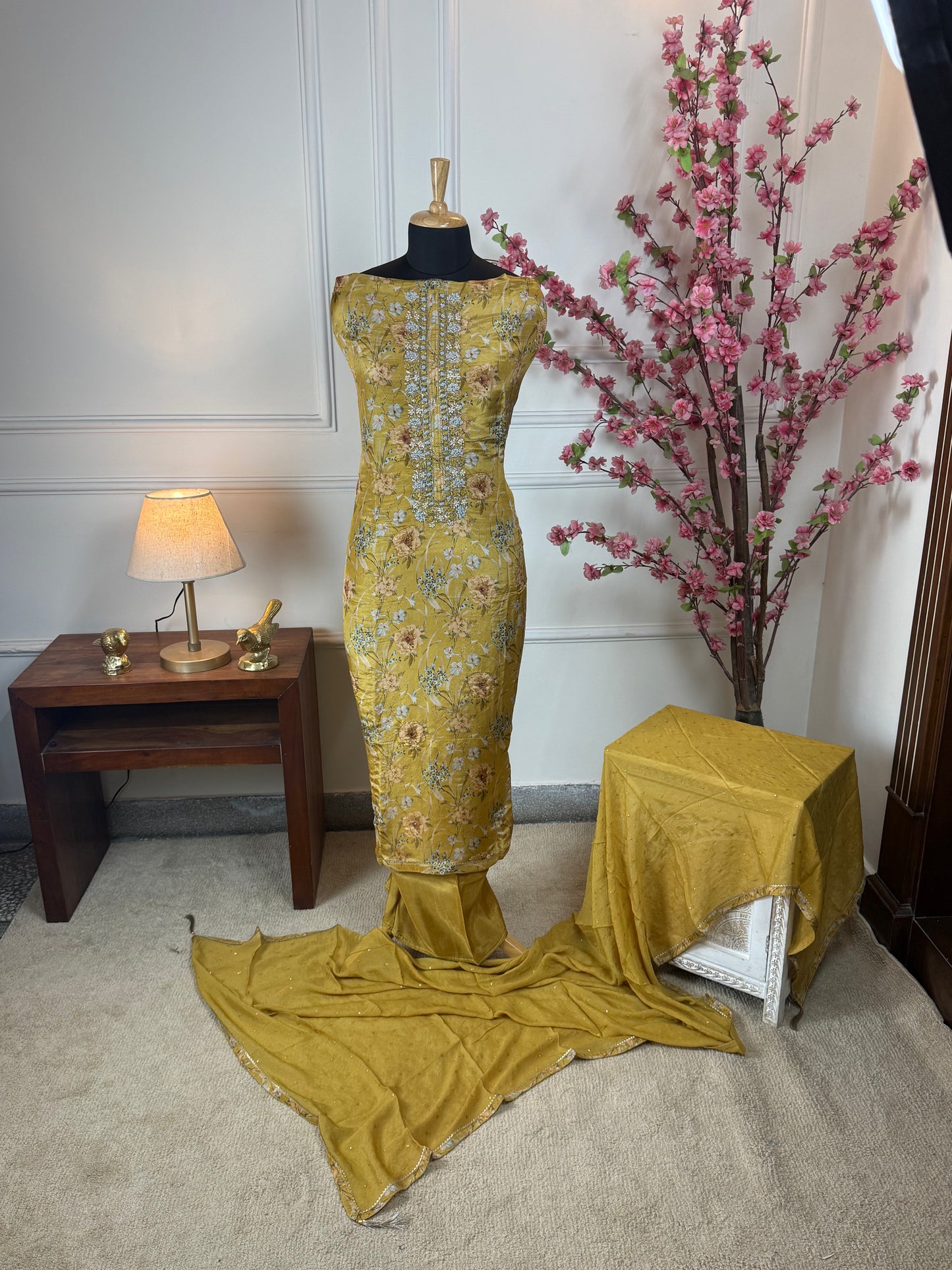 Top Pure super soft shimmer silk printed with knot work pearl dabka nalki handwork on neckline Bottom Pure soft upada silk Dupatta Pure chinon with patti gota lace and sequin handwork