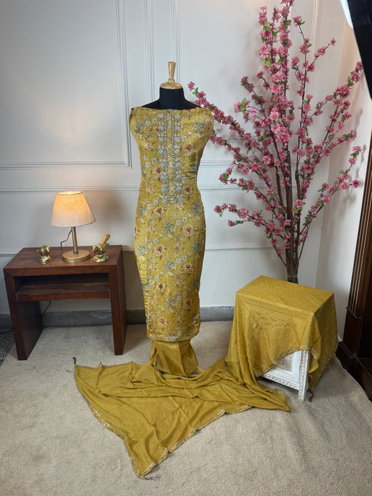 Top Pure super soft shimmer silk printed with knot work pearl dabka nalki handwork on neckline Bottom Pure soft upada silk Dupatta Pure chinon with patti gota lace and sequin handwork