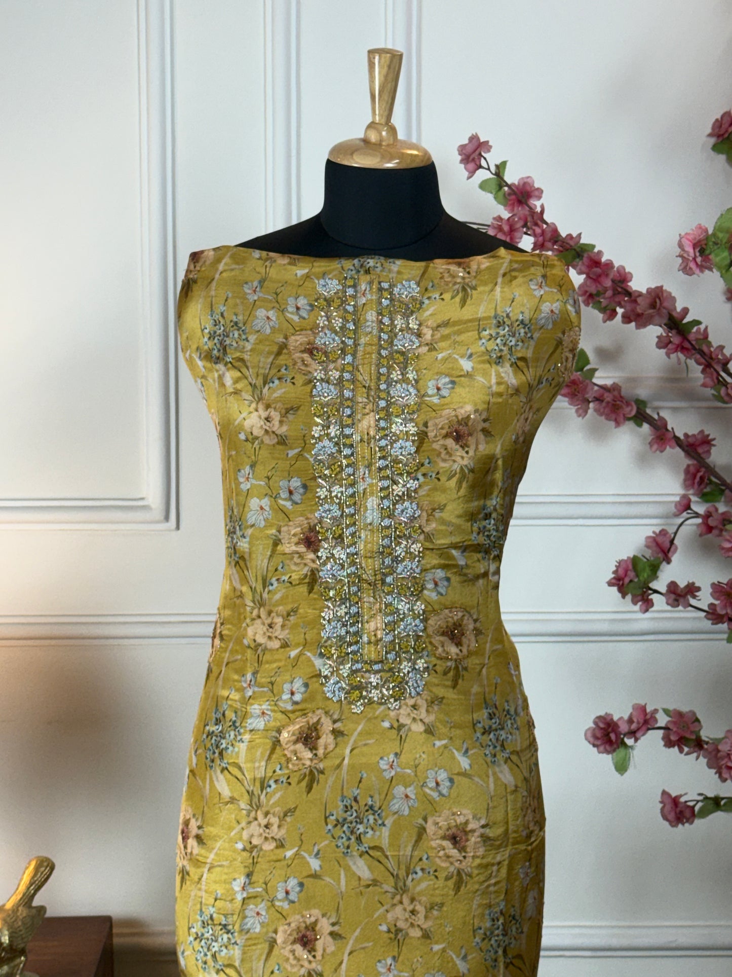 Top Pure super soft shimmer silk printed with knot work pearl dabka nalki handwork on neckline Bottom Pure soft upada silk Dupatta Pure chinon with patti gota lace and sequin handwork