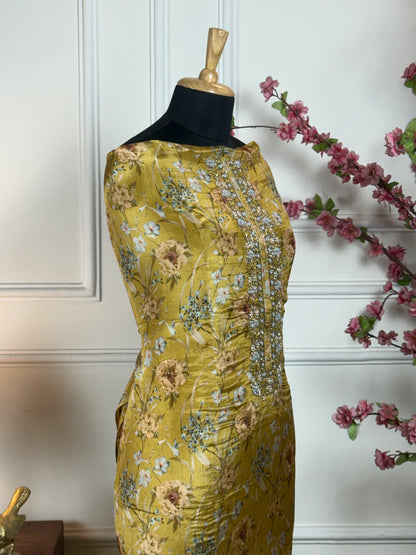 Top Pure super soft shimmer silk printed with knot work pearl dabka nalki handwork on neckline Bottom Pure soft upada silk Dupatta Pure chinon with patti gota lace and sequin handwork