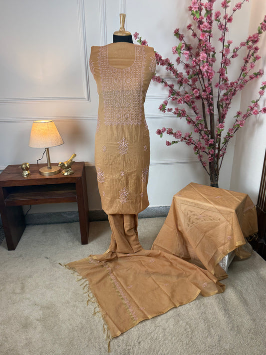 Top Pure mul fabric with thread handwork Bottom Pure crape 225 m approx Dupatta Pure mul fabric with thread handwork and golden border