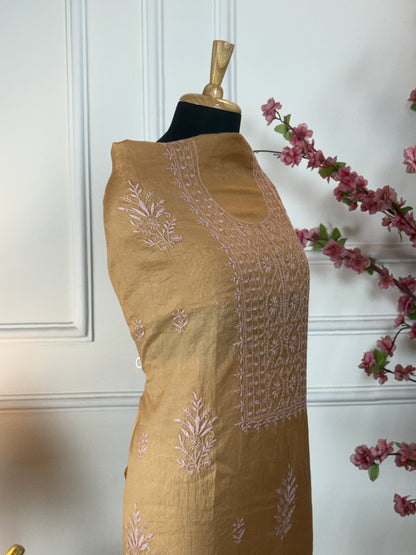 Top Pure mul fabric with thread handwork Bottom Pure crape 225 m approx Dupatta Pure mul fabric with thread handwork and golden border