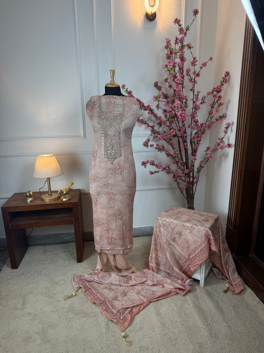 Top Pure chiffon printed with work on neck dabka handwork knot work gota patti dori sequin pearl work and buti on front Bottom Pure super soft opada Dupatta Pure chiffon sequin and thread work with printed border and heavy tassels