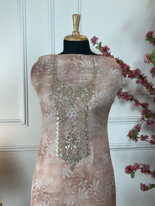 Top Pure chiffon printed with work on neck dabka handwork knot work gota patti dori sequin pearl work and buti on front Bottom Pure super soft opada Dupatta Pure chiffon sequin and thread work with printed border and heavy tassels