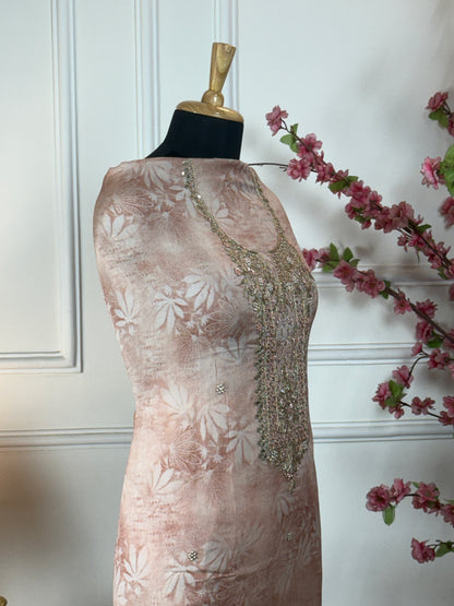 Top Pure chiffon printed with work on neck dabka handwork knot work gota patti dori sequin pearl work and buti on front Bottom Pure super soft opada Dupatta Pure chiffon sequin and thread work with printed border and heavy tassels