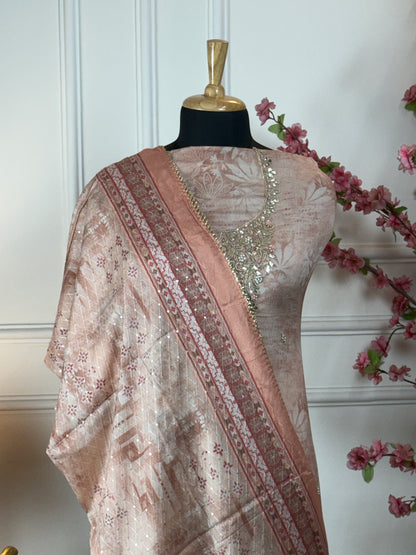 Top Pure chiffon printed with work on neck dabka handwork knot work gota patti dori sequin pearl work and buti on front Bottom Pure super soft opada Dupatta Pure chiffon sequin and thread work with printed border and heavy tassels