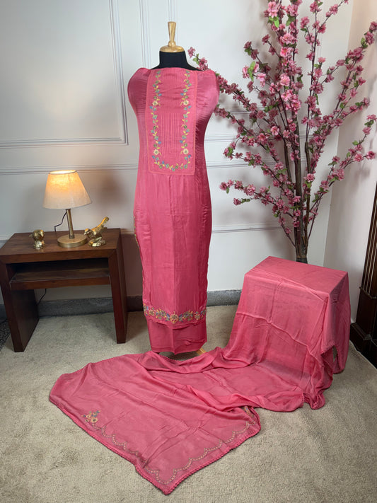 Top Pure Habutai silk with elegant thread work on neck and ghera and sides Bottom Pure jam satin Dupatta Pure chinon with work and thread lace