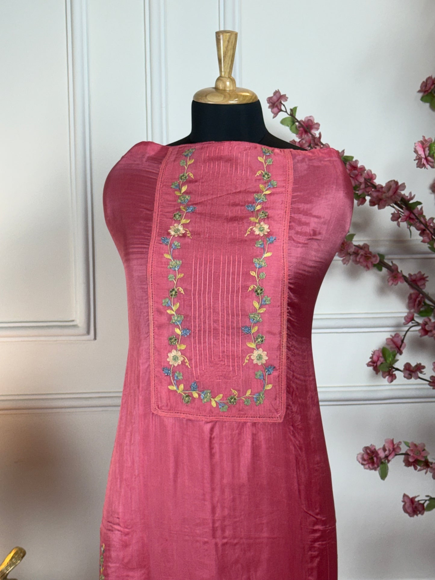 Top Pure Habutai silk with elegant thread work on neck and ghera and sides Bottom Pure jam satin Dupatta Pure chinon with work and thread lace