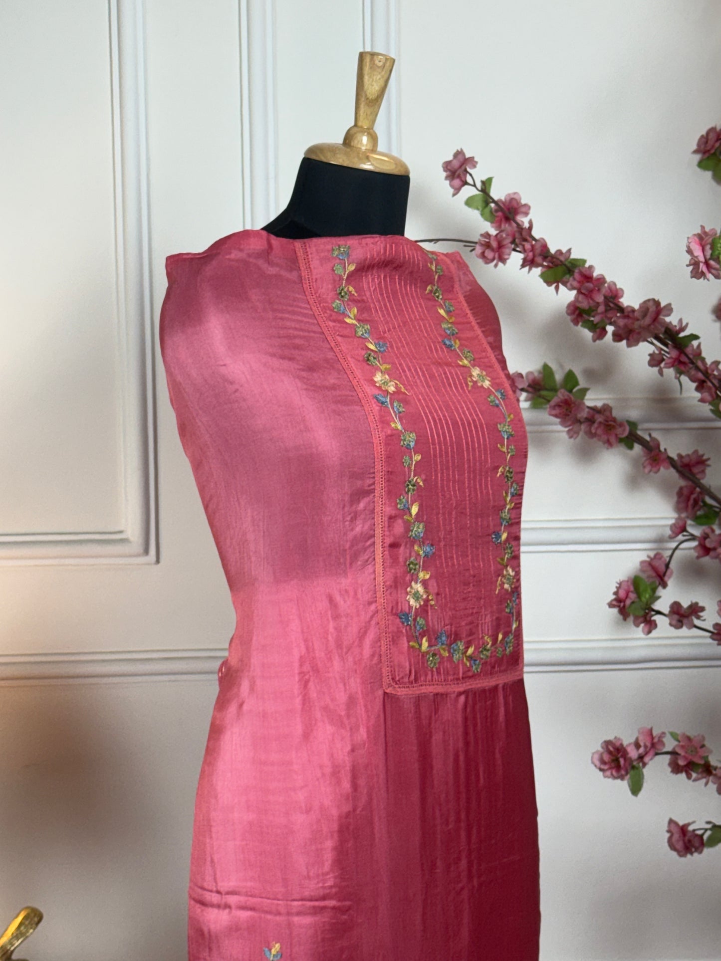 Top Pure Habutai silk with elegant thread work on neck and ghera and sides Bottom Pure jam satin Dupatta Pure chinon with work and thread lace