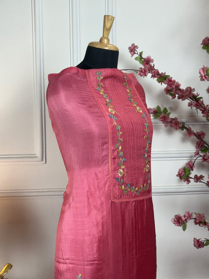 Top Pure Habutai silk with elegant thread work on neck and ghera and sides Bottom Pure jam satin Dupatta Pure chinon with work and thread lace