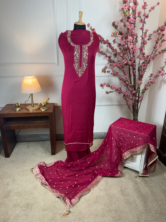 Top Pure Burbary silk with dori gota patti dabka sequins knot work on neck Bottom Pure opada silk soft Dupatta Pure organja with Banarasi buti and border and tassels