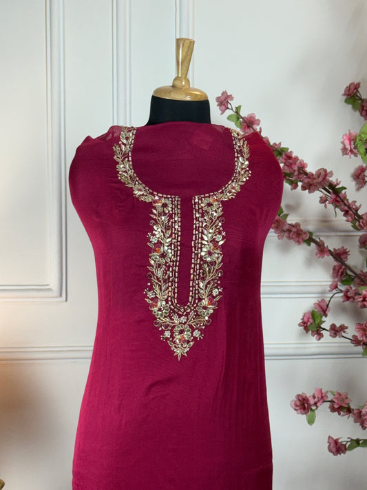 Top Pure Burbary silk with dori gota patti dabka sequins knot work on neck Bottom Pure opada silk soft Dupatta Pure organja with Banarasi buti and border and tassels
