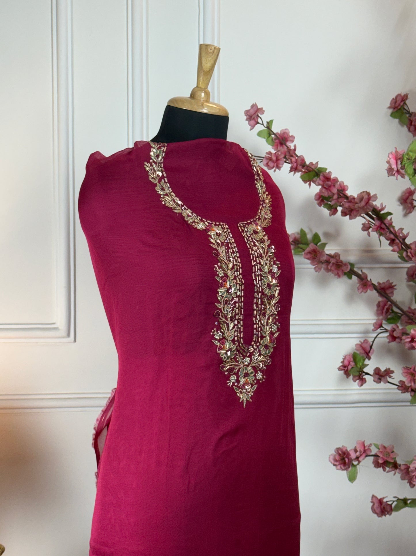 Top Pure Burbary silk with dori gota patti dabka sequins knot work on neck Bottom Pure opada silk soft Dupatta Pure organja with Banarasi buti and border and tassels
