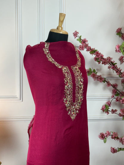 Top Pure Burbary silk with dori gota patti dabka sequins knot work on neck Bottom Pure opada silk soft Dupatta Pure organja with Banarasi buti and border and tassels