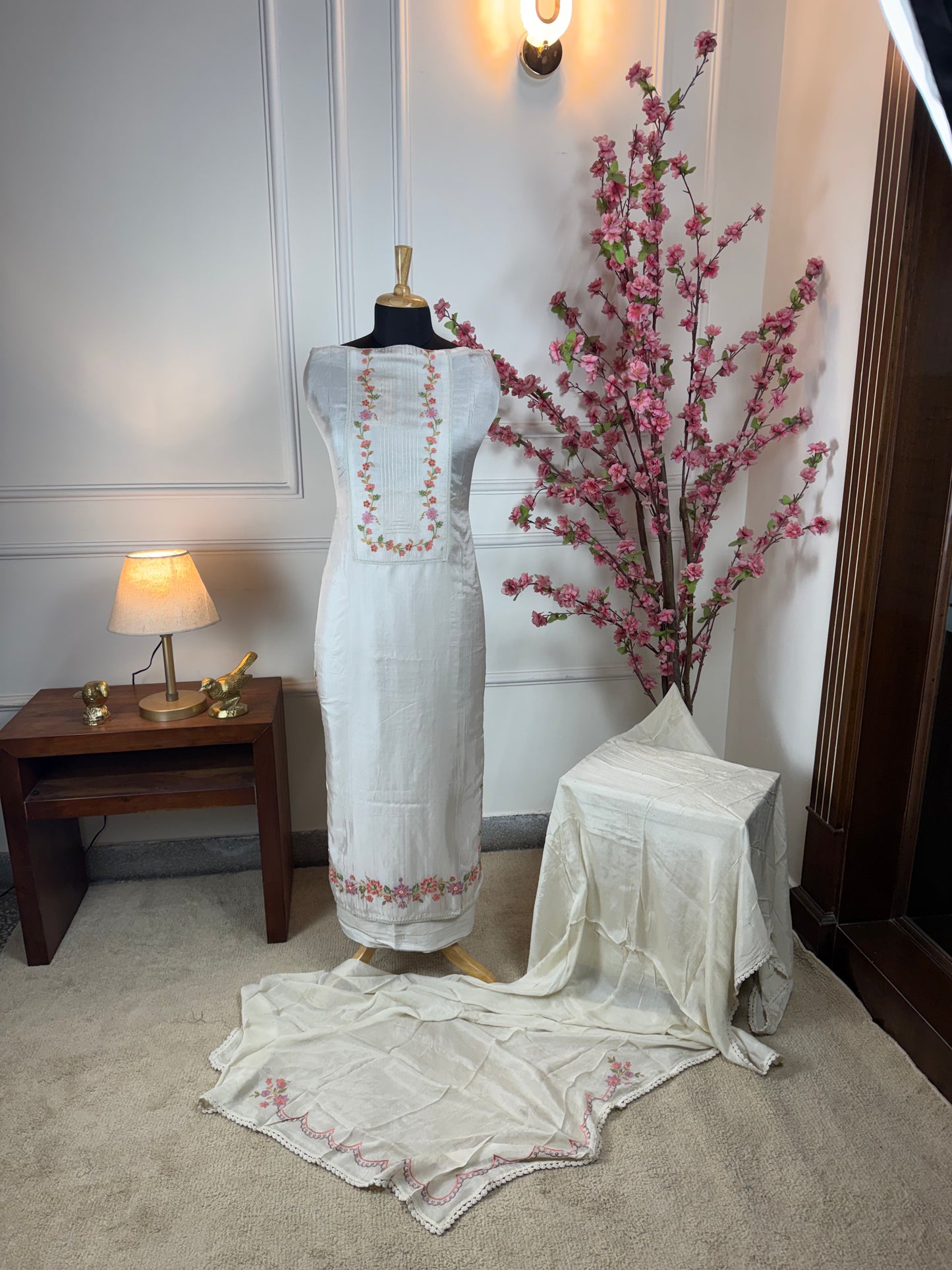 Top Pure Habutai silk with elegant thread work on neck ghera and sides Bottom Pure jam satin Dupatta Pure chinon with work and thread lace