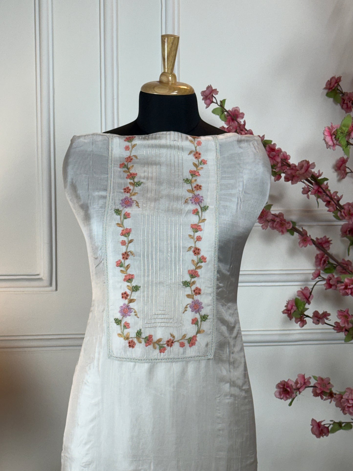 Top Pure Habutai silk with elegant thread work on neck ghera and sides Bottom Pure jam satin Dupatta Pure chinon with work and thread lace