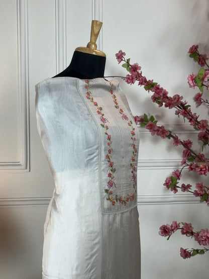 Top Pure Habutai silk with elegant thread work on neck ghera and sides Bottom Pure jam satin Dupatta Pure chinon with work and thread lace