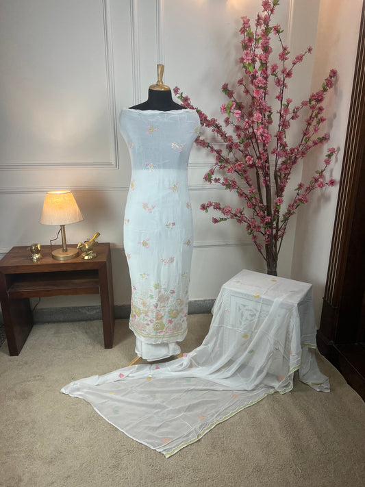 Top Pure jorgette with multicolour sequins and thread work on border Bottom Pure heavy silk santoon Dupatta Pure jorgette with heavy sequins border and buti