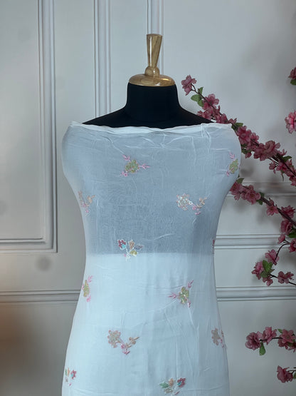 Top Pure jorgette with multicolour sequins and thread work on border Bottom Pure heavy silk santoon Dupatta Pure jorgette with heavy sequins border and buti