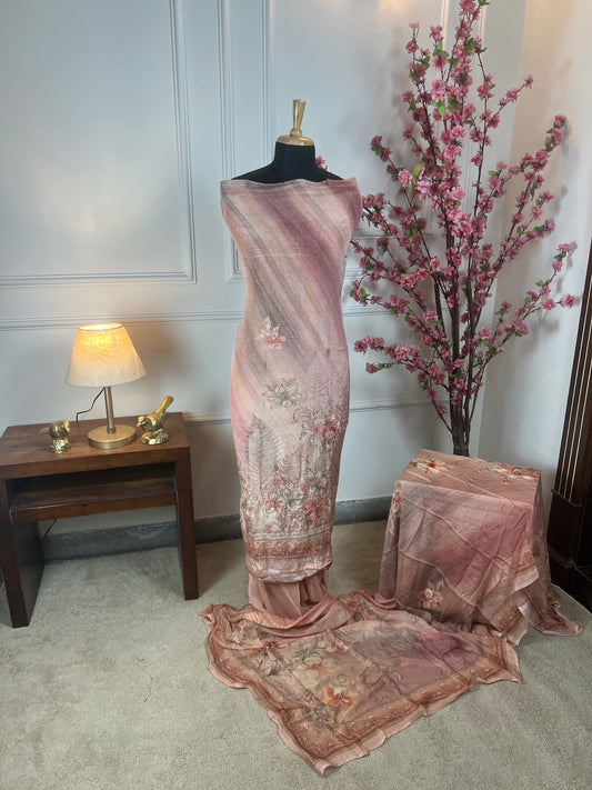 Top Pure crape with designer print and elegant thread work on front and same work on sleeves Bottom Pure crape Dupatta Pure soft light weight chinon border with print on border and print inside