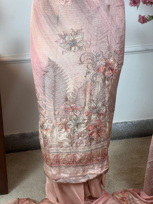 Top Pure crape with designer print and elegant thread work on front and same work on sleeves Bottom Pure crape Dupatta Pure soft light weight chinon border with print on border and print inside