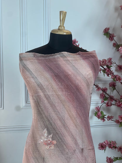 Top Pure crape with designer print and elegant thread work on front and same work on sleeves Bottom Pure crape Dupatta Pure soft light weight chinon border with print on border and print inside