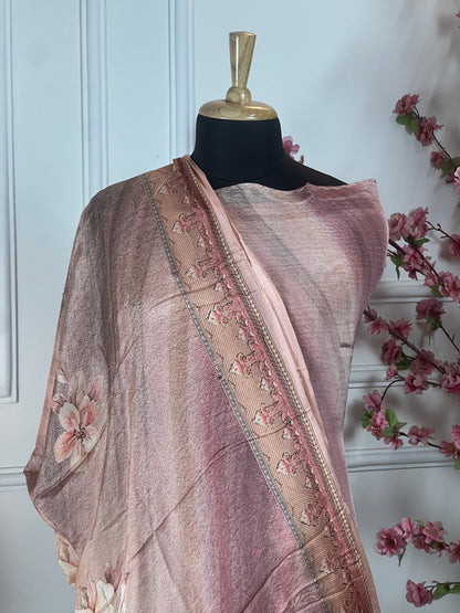 Top Pure crape with designer print and elegant thread work on front and same work on sleeves Bottom Pure crape Dupatta Pure soft light weight chinon border with print on border and print inside