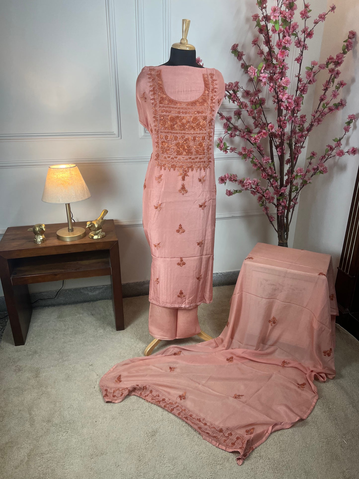 Top Soft silk with same colour thread work on neck handwork Bottom Pure silk santoon Dupatta Pure chinon with thread handwork on border and buti