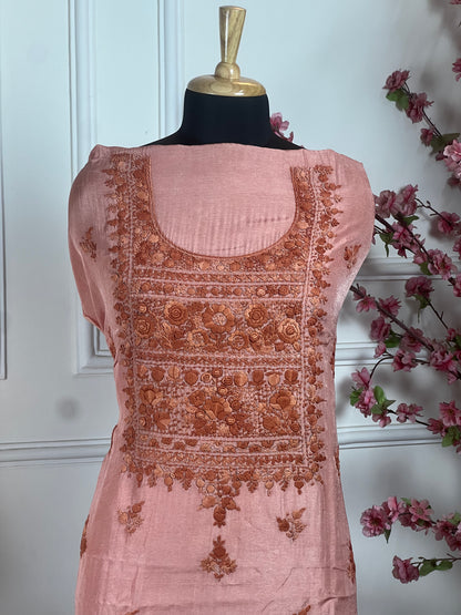 Top Soft silk with same colour thread work on neck handwork Bottom Pure silk santoon Dupatta Pure chinon with thread handwork on border and buti