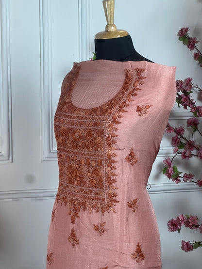 Top Soft silk with same colour thread work on neck handwork Bottom Pure silk santoon Dupatta Pure chinon with thread handwork on border and buti